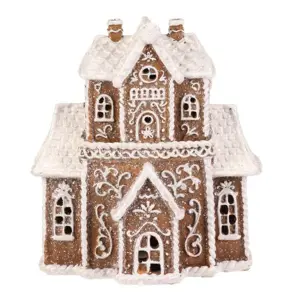 Vánoční dekorace Perníkový domek s věžičkou, polyresin, LED, hnědá