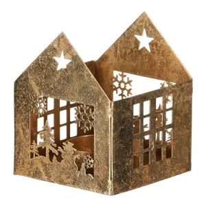 Kovový svícen Domeček, zlatá, 8 x 8 x 10 cm