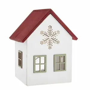 Dřevěný svícen se sklem Domek s vločkou, 15 cm, červená