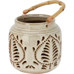 Lucerna porcelánová s bambusovým madlem 14,5 x 14 cm, béžová