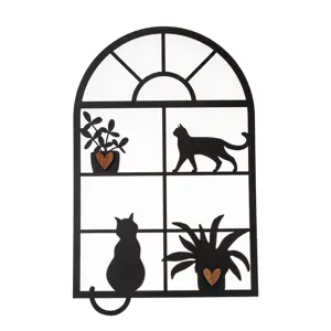 Kovová dekorace okno s kočkami, 30 x 48 cm