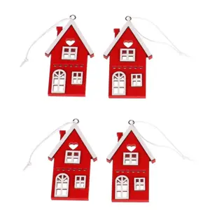 Závěsný dřevěný domeček, červená, v. 9 cm, SADA 4 KS