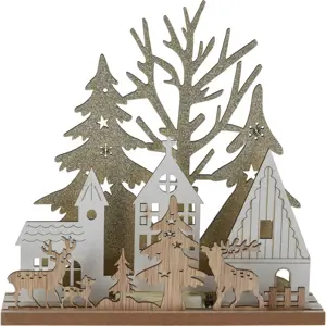Vánoční stolní LED lampa Domky s jeleny, MDF, 19,5 x 4,5 x19,5cm